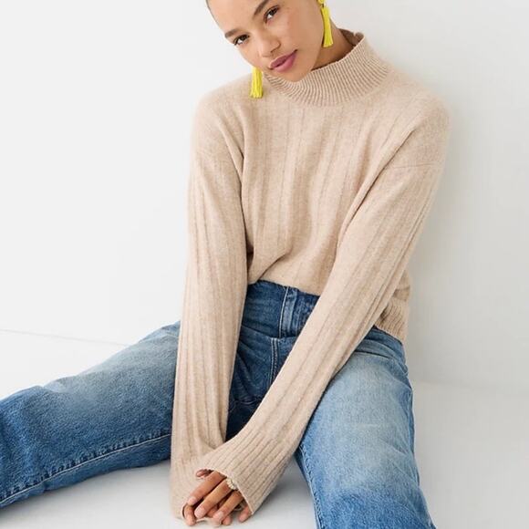 J. Crew Ribbed Mock Neck Sweater Womens XS Beige Neutral Merino Wool Alpaca - Picture 1 of 10
